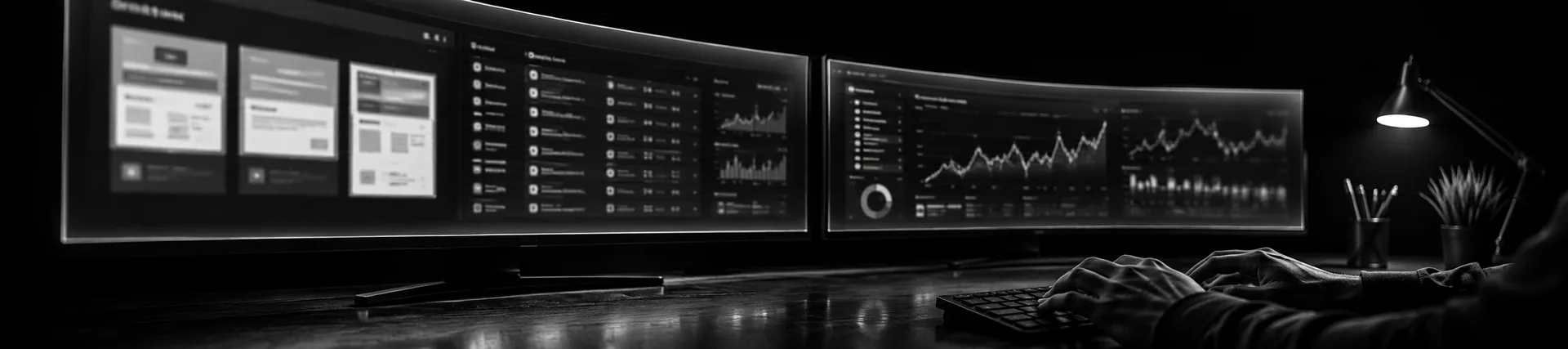 Monitores curvos mostrando reportes de posicionamiento, gráficas de tráfico y maquetas de páginas web