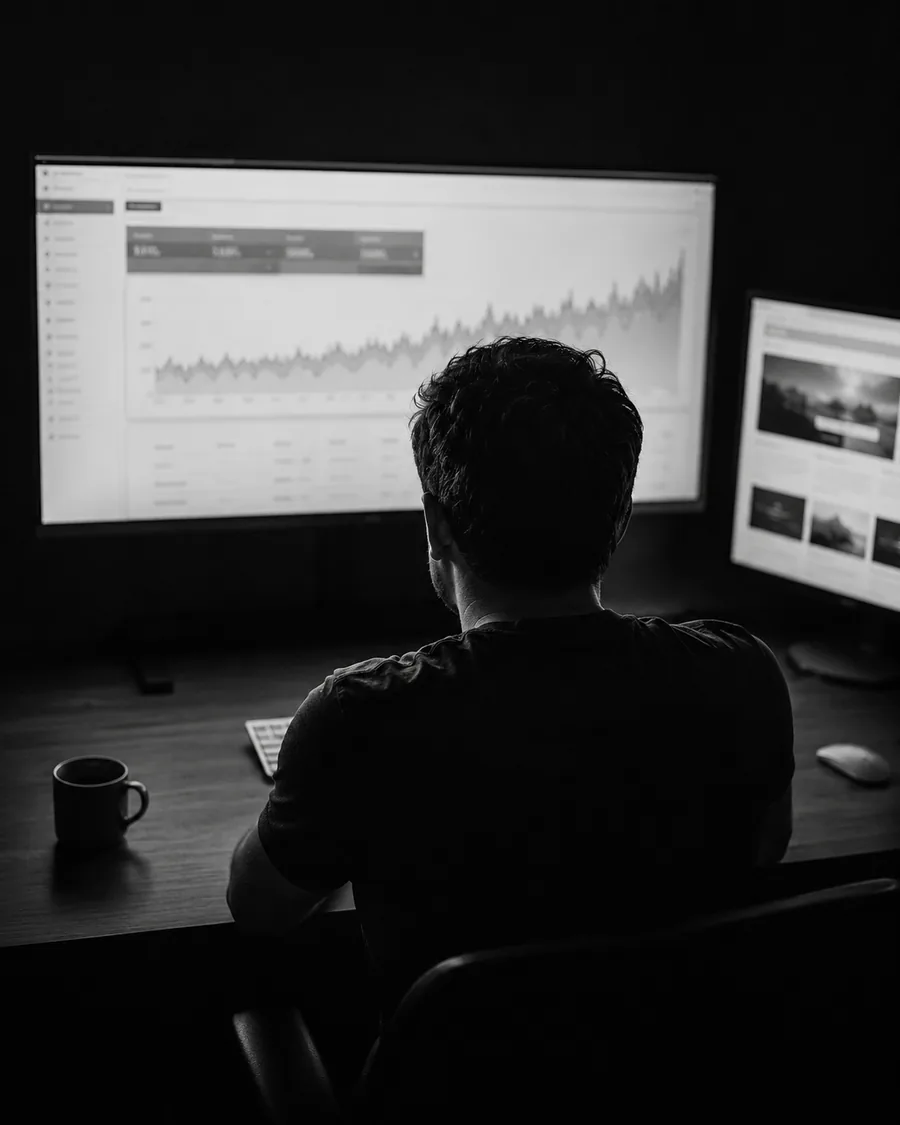 Analista SEO revisando la curva de crecimiento de clics orgánicos en Google Search Console