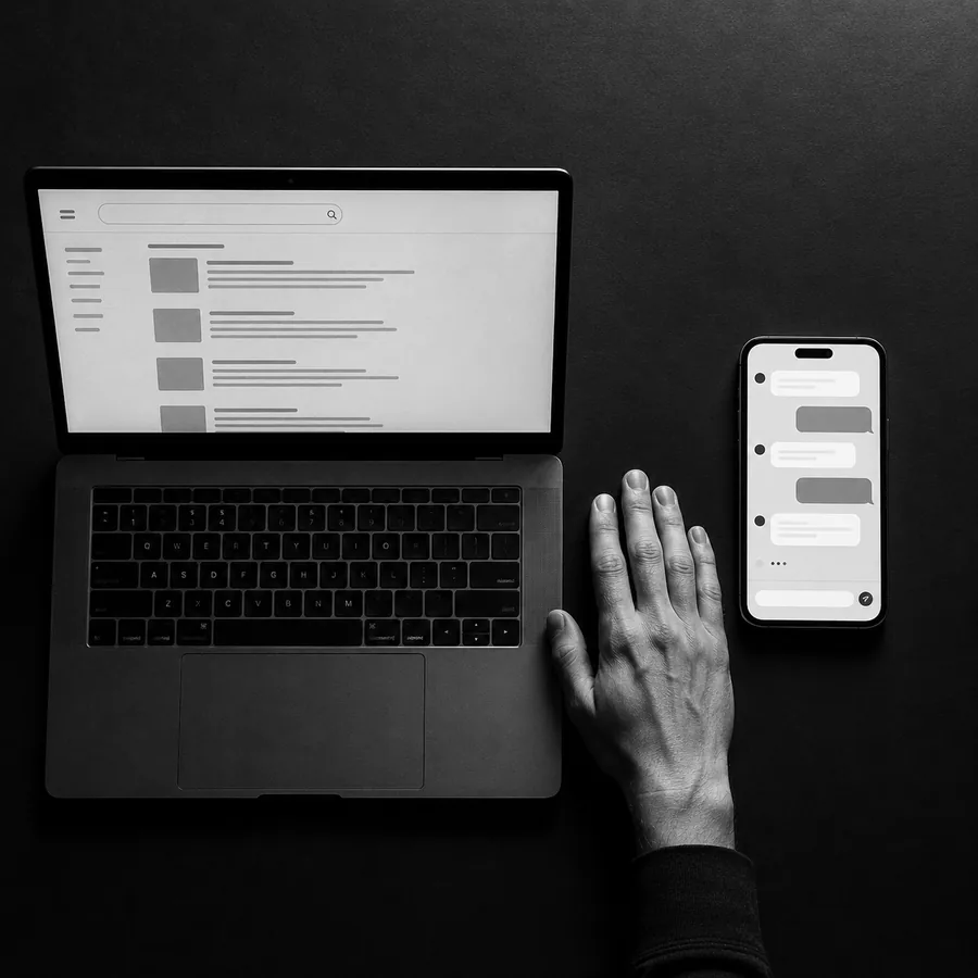 Laptop mostrando resultados de búsqueda de Google junto a un móvil con una conversación de inteligencia artificial